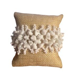 Vintage Milk Glass Bead Bracelet Cuff Button Closure Stretch 1.5" Wide 6.25" 7"